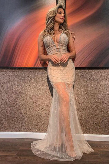 LUXURIOUS BEADED DEEP V-NECK MERMAID TULLE CHAMPANGE EVENING GOWNS PROM DRESS HZ1023
